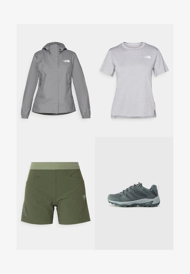Pelēks ūdensnecaurlaidīgs mētelis ar kapuci, ar elastīgām aprocēm, ar rāvējslēdzēja sānu kabatām un baltu logotipu kreisajā krūtī. Gluda tekstūra.; Pelēks īsām piedurknēm T-krekls, kas izgatavots no mīksta, mitrumu noturoša auduma. Tam ir apaļš kakls un neliels balts logo kreisajā augšējā stūrī.; Olive zaļi šorti ar elastīgu jostu, divām priekšējām kabatām un logotipa akcentu kreisajā pusē. Gluda tekstūra un piegriezums.; Tumši pelēki pārgājienu apavi ar sietu un zamšu augšdaļu, saistīšanas dizains, mīksts zole un izturīga ārējā zole ar saķeres rakstu.