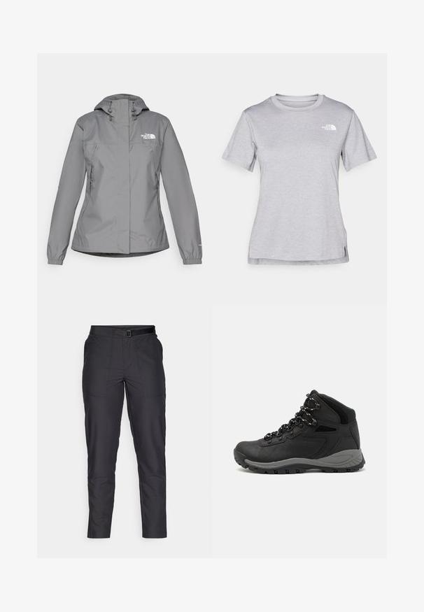 Grijze waterdichte jas met een capuchon, voorzien van elastische manchetten, ritszakken aan de zijkanten en een wit logo op de linkerborst. Glad van structuur.; Grijze T-shirt met korte mouwen, gemaakt van zachte, vochtabsorberende stof. Heeft een ronde hals en een klein wit logo op de bovenste linkerzijde.; Zwarte, slim-fit broek van soepel materiaal, met een ceintuur in de taille, rechte pijpen en twee voorzakken met subtiele stikdetails.; Zwarte wandelschoen met een mid-top ontwerp, voorzien van een gestructureerde bovenkant, grijze accenten en een duurzame rubberen zool met gripnoppen.