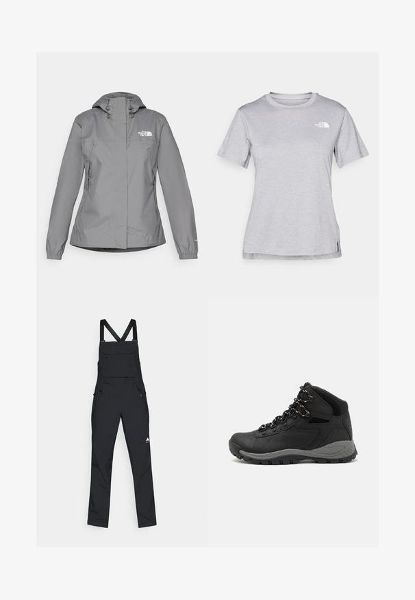 Pilkas vandeniui atsparus švarkas su gobtuvu, turintis elastingus rankogalius, užtrauktuku užsegamas šonines kišenes ir baltą logotipą kairėje krūtinės pusėje. Lygus paviršius.; Pilkas trumpomis rankovėmis marškinėliai, pagaminti iš minkštos, drėgmę sugeriančios medžiagos. Turi apvalią iškirptę ir mažą baltą logotipą viršutiniame kairiajame kampe.; Juodi kombinezonai, pagaminti iš patvarios medžiagos, su reguliuojamomis petnešomis, priekyje esančia kišene ir šoninėmis užtrauktukais patogiam užsidėjimui. Minimalistinis dizainas su logotipu.; Juodas žygio botas su vidutinio aukščio dizainu, pasižymintis tekstūruota viršutine dalimi, pilkų akcentų ir patvaria guma padanga su sukibimo gumbais.