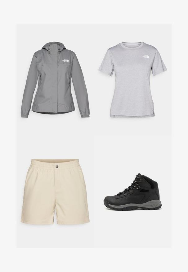 Szürke vízálló dzseki kapucnival, elasztikus mandzsettákkal, cipzáras oldalsó zsebekkel és fehér logóval a bal mellen. Sima textúra.; Szürke, rövid ujjú póló, puha, nedvességet elvezető anyagból készült. Kerek nyakú, és egy kis fehér logó található a bal felső részen.; Könnyű anyagból készült bézs rövidnadrág, rugalmas derékpánttal, elülső zsebekkel és egyetlen patenttal, sima tapintással.; Fekete túracipő közepes magasságú kialakítással, texturált felsőrésszel, szürke részletekkel és strapabíró gumitalppal, amelynek tapadós kiemelkedései vannak.