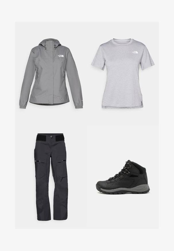 Siva vodoodporna jakna s kapuco, z elastičnimi manšetami, z zippered stranskimi žepi in belim logotipom na levem prsnem delu. Gladka tekstura.; Siva kratka majica s kratkimi rokavi, izdelana iz mehkega, vlago odvračajočega materiala. Ima okroglo izrez in majhen bel logotip na zgornji levi strani.; Črne cargo hlače z gladko teksturo, več spalnic, zadrgo in zaponko na pasu.; Črne pohodniške čevlje z srednje visokim dizajnom, ki imajo teksturirano zgornji del, sivi dodatki in vzdržljiv gumen podplat s protizdrsnimi izboklinami.