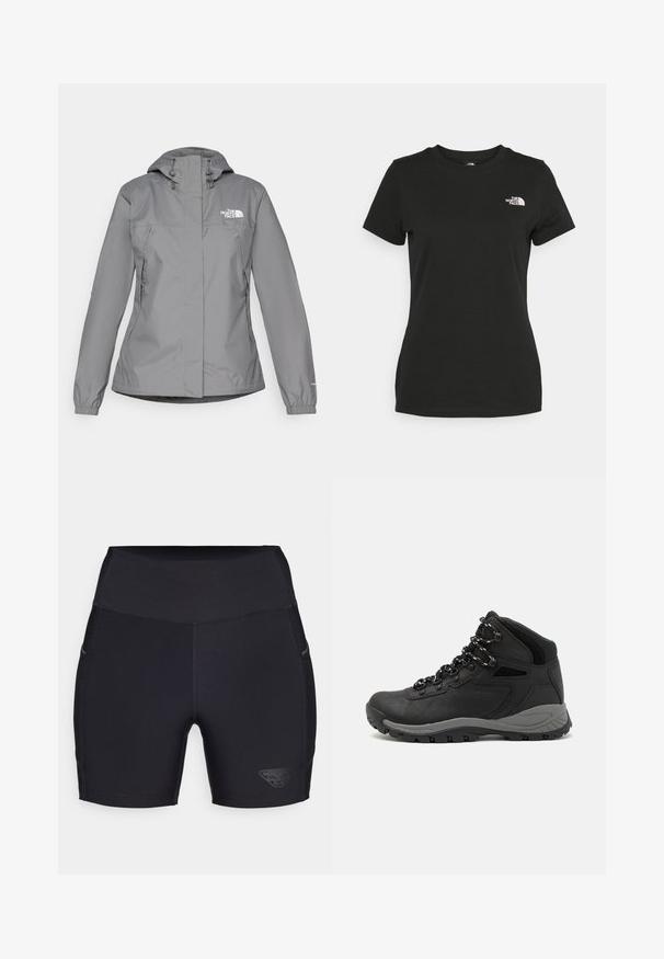 Giacca impermeabile grigia con cappuccio, dotata di polsini elastici, tasche laterali con zip e un logo bianco sul petto sinistro. Texture liscia.; T-shirt in cotone nero con collo a giro e maniche corte. Logo bianco ben visibile sulla parte superiore sinistra. Tessuto liscio, vestibilità casual.; Pantaloni corti sportivi neri con vita alta, realizzati in tessuto elasticizzato. Caratteristiche includono un logo sul lato e tasche laterali discrete.; Stivale da trekking nero con design a metà altezza, dotato di una tomaia texturizzata, accenti grigi e suola in gomma resistente con tasselli per la trazione.