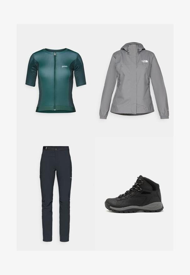 Γκρι αδιάβροχο μπουφάν με κουκούλα, που διαθέτει ελαστικές μανσέτες, τσέπες με φερμουάρ στα πλάγια και λευκό λογότυπο στο αριστερό στήθος. Λείο υλικό.; Κοντομάνικο ποδηλατικό μπλουζάκι σε σκούρο πράσινο χρώμα με πλήρες φερμουάρ, φτιαγμένο από απαλό ύφασμα που απορροφά την υγρασία και διαθέτει ένα μικρό λευκό λογότυπο.; Ανδρικά παντελόνια εξωτερικών δραστηριοτήτων, σκούρο γκρι, φτιαγμένα από ευέλικτο υλικό, με ζώνη, τσέπες με φερμουάρ και ενισχυμένες ραφές.; Μαύρο ορειβατικό μποτάκι με μεσαίο ύψος, διαθέτει υφή στην επάνω επιφάνεια, γκρι λεπτομέρειες και ανθεκτική καουτσούκ σόλα με αυλάκια πρόσφυσης.