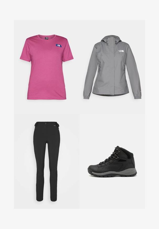 Harmaa vedenpitävä takki hupulla, jossa on joustavat hihansuut, vetoketjulliset sivutaskut ja valkoinen logo vasemmassa rinnassa. Silkkinen tekstuuri.; Lyhythihainen t-paita vaaleanpunaisena, valmistettu pehmeästä kankaasta. Muotoilussa on sininen logo vasemmassa yläkulmassa ja pyöreä kaula-aukko.; Mustat, slim fit -housut, jotka on valmistettu joustavasta materiaalista. Ominaisuuksiin kuuluu vetoketjullinen sivutasku, muotoillut polvet ja sileä pinta.; Musta vaelluskenkä, jossa on puolivartinen muotoilu, jolle on ominaista teksturoitu päällinen, harmaat yksityiskohdat ja kestävä kumipohja, jossa on pitoita lisääviä lukuja.
