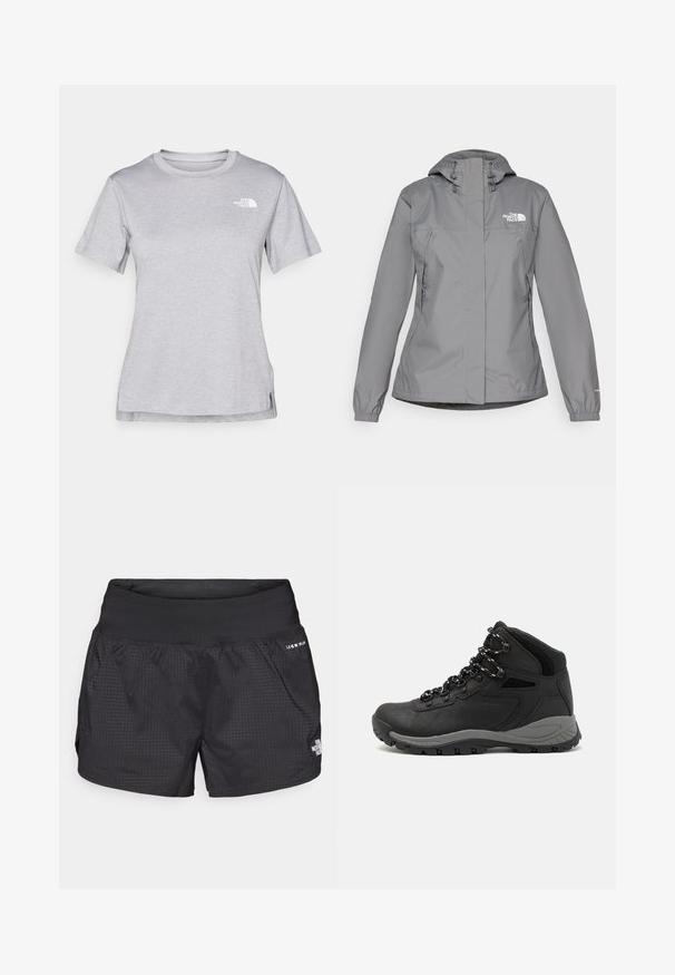 Harmaa vedenpitävä takki hupulla, jossa on joustavat hihansuut, vetoketjulliset sivutaskut ja valkoinen logo vasemmassa rinnassa. Silkkinen tekstuuri.; Harmaa lyhythihainen t-paita, joka on valmistettu pehmeästä, kosteutta siirtävästä kankaasta. Siinä on pyöreä kaula-aukko ja pieni valkoinen logo vasemmassa yläkulmassa.; Mustat juoksushortsit, joissa on teksturoitu kangas, joustava vyötärö ja sivutaskut; edessä pieni logo.; Musta vaelluskenkä, jossa on puolivartinen muotoilu, jolle on ominaista teksturoitu päällinen, harmaat yksityiskohdat ja kestävä kumipohja, jossa on pitoita lisääviä lukuja.