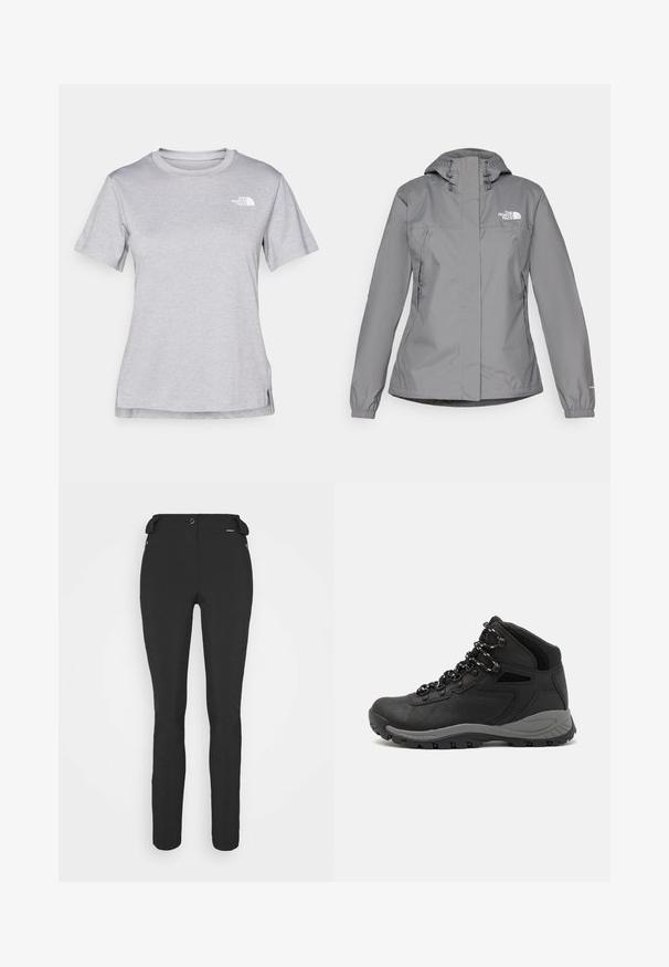 Šedá voděodolná bunda s kapucí, vybavená elastickými manžetami, bočními kapsami na zip a bílým logem na levé hrudi. Hladká textura.; Šedé tričko s krátkým rukávem vyrobené z měkké, vlhkosti odvádějící tkaniny. Obsahuje kulatý výstřih a malé bílé logo na levém horním rukávu.; Černé, přiléhavé kalhoty vyrobené z pružného materiálu. Mezi funkce patří boční kapsa na zip, anatomické kolena a hladký povrch.; Černé turistické boty s mírně vyšším střihem, které mají texturovaný svršek, šedé detaily a odolnou gumovou podrážku s trakčními výstupky.