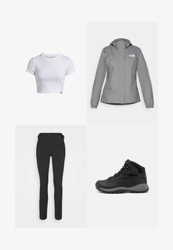 Pilkas vandeniui atsparus švarkas su gobtuvu, turintis elastingus rankogalius, užtrauktuku užsegamas šonines kišenes ir baltą logotipą kairėje krūtinės pusėje. Lygus paviršius.; Balta, raukšlėta, trumpomis rankovėmis, trumpa marškinėlių su apvaliu kaklu. Apačioje yra mažas juodas logotipas.; Juodos, prigludusios kelnės, pagamintos iš lankstaus medžiagos. Ypatybės: šoninis kišenės užtrauktuku, suformuotos kelių sritys ir lygi tekstūra.; Juodas žygio botas su vidutinio aukščio dizainu, pasižymintis tekstūruota viršutine dalimi, pilkų akcentų ir patvaria guma padanga su sukibimo gumbais.