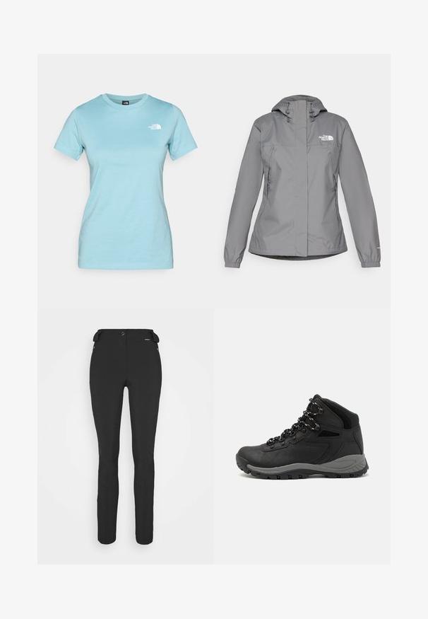 Szürke vízálló dzseki kapucnival, elasztikus mandzsettákkal, cipzáras oldalsó zsebekkel és fehér logóval a bal mellen. Sima textúra.; Világoskék pamut póló rövid ujjakkal és kerek nyakkivágással; a bal felső mellrészen egy kicsi fehér logó található.; Fekete, testhezálló nadrág rugalmas anyagból. Jellemzők: cipzáras oldalzseb, artikulált térdek és sima felület.; Fekete túracipő közepes magasságú kialakítással, texturált felsőrésszel, szürke részletekkel és strapabíró gumitalppal, amelynek tapadós kiemelkedései vannak.