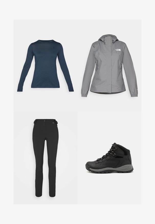 Grå vanntett jakke med hette, med elastiske mansjetter, glidelåslommer på sidene og en hvit logo på venstre bryst. Glatt tekstur.; Langermet skjorte i mørk marineblå, laget av lett stoff. Har rund hals og et lite emblem på brystet. Slett tekstur.; Svart, tettsittende bukser laget av et fleksibelt materiale. Funksjoner inkluderer en glidelåslukket sidelomme, artikulerte knær og en glatt tekstur.; Sorte turstøvler med mid-topp design, som har en teksturert overdel, grå detaljer og slitesterk gummisåle med godt grep.