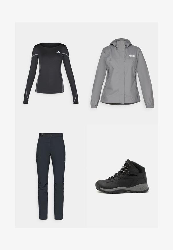 Grau wasserfeste Jacke mit Kapuze, ausgestattet mit elastischen Bündchen, Reißverschlusstaschen an den Seiten und einem weißen Logo auf der linken Brust. Glatte Textur.; Schwarz langärmliges Sportshirt mit Rundhalsausschnitt und reflektierenden silbernen Nähten. Enthält ein kleines weißes Logo auf der oberen linken Seite.; Herren Outdoor-Hosen, dunkelgrau, aus flexiblem Material, mit einem Gürtel, Reißverschlusstaschen und verstärkten Nähten.; Schwarzer Wanderstiefel mit einem mittelhohen Design, ausgestattet mit einer strukturierten Oberfläche, grauen Akzenten und einer robusten Gummisohle mit Profilstollen.