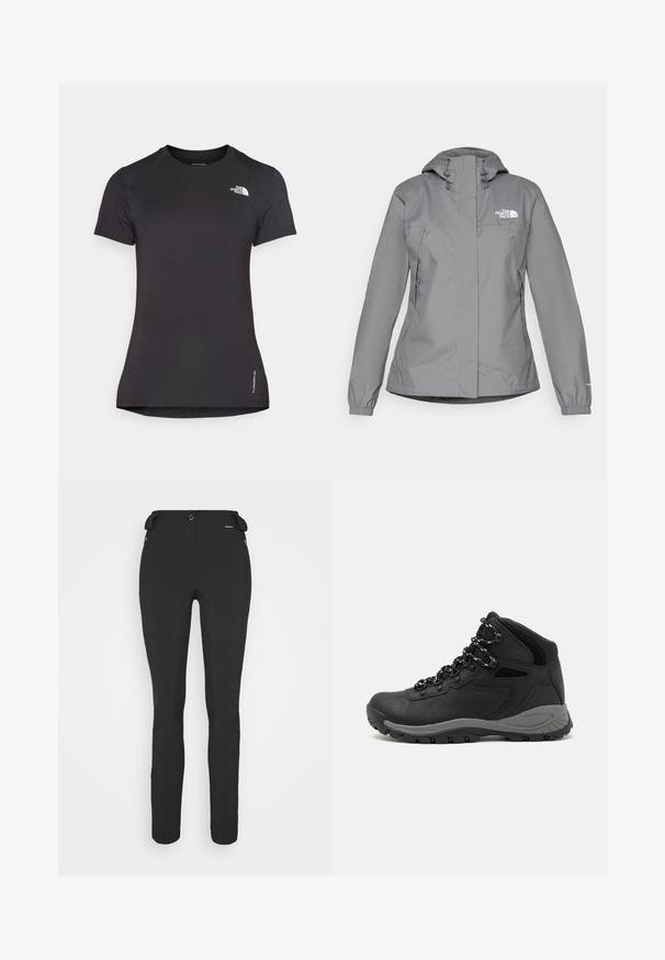 Chaqueta impermeable gris con capucha, que presenta puños elásticos, bolsillos laterales con cremallera y un logo blanco en el lado izquierdo del pecho. Textura suave.; Camiseta atlética negra hecha de un tejido ligero y transpirable. Presenta mangas cortas y un cuello redondo. Logotipo mostrado en el pecho.; Pantalones negros ajustados hechos de un material flexible. Las características incluyen un bolsillo lateral con cremallera, rodillas articuladas y una textura suave.; Bota de senderismo negra con un diseño de medio caña, que cuenta con una parte superior texturizada, acentos grises y una suela de goma duradera con tacos de tracción.