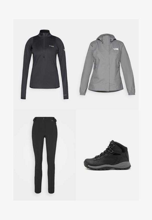 Grå vanntett jakke med hette, med elastiske mansjetter, glidelåslommer på sidene og en hvit logo på venstre bryst. Glatt tekstur.; Svart Columbia Titanium langermet treningspullover med kvart glidelås og Omni-Heat-merket på venstre mansjett.; Svart, tettsittende bukser laget av et fleksibelt materiale. Funksjoner inkluderer en glidelåslukket sidelomme, artikulerte knær og en glatt tekstur.; Sorte turstøvler med mid-topp design, som har en teksturert overdel, grå detaljer og slitesterk gummisåle med godt grep.