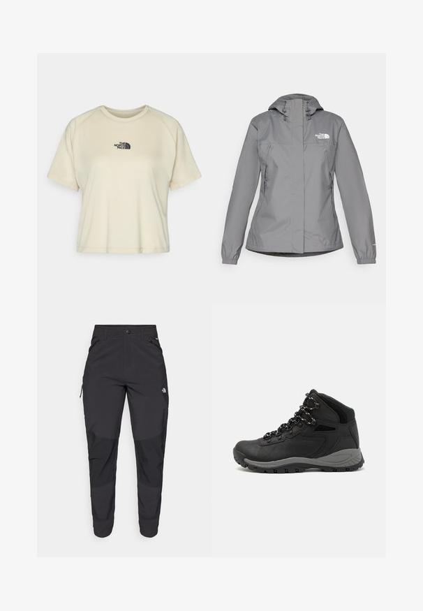 Harmaa vedenpitävä takki hupulla, jossa on joustavat hihansuut, vetoketjulliset sivutaskut ja valkoinen logo vasemmassa rinnassa. Silkkinen tekstuuri.; Kermavaalean lyhythihainen t-paita, jossa on pyöreä kaula-aukko ja raglan-hihat. Etupuolella on musta brodeerattu logo ylärinnassa.; Mustat ulkona käytettävät housut, jotka on valmistettu kestävästä kankaasta. Ominaisuuksiin kuuluvat vetoketjulliset taskut, vahvistetut polvilevyt ja suora leikkaus, joka mahdollistaa liikkuvuuden.; Musta vaelluskenkä, jossa on puolivartinen muotoilu, jolle on ominaista teksturoitu päällinen, harmaat yksityiskohdat ja kestävä kumipohja, jossa on pitoita lisääviä lukuja.