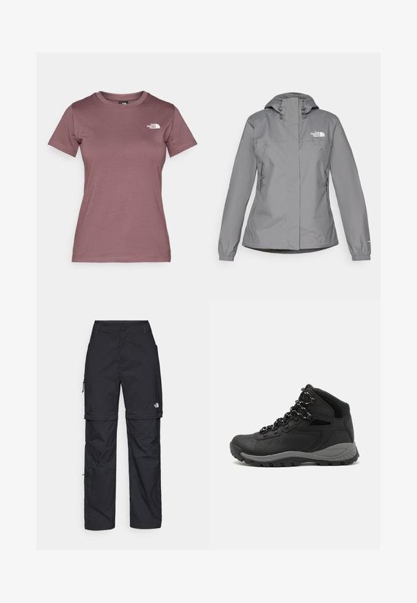 Pilkas vandeniui atsparus švarkas su gobtuvu, turintis elastingus rankogalius, užtrauktuku užsegamas šonines kišenes ir baltą logotipą kairėje krūtinės pusėje. Lygus paviršius.; Trumpa rankovė, apvali apykaklė, marškinėliai nuobodžiai mauve spalvos, pagaminti iš minkštos medžiagos, su mažiu baltu logotipu kairėje krūtinės pusėje. Lygi tekstūra.; Juodos nailoninės krovinių kelnės su reguliuojamais rankovėmis, daugybe kišenių ir logo ant dešinės kojos. Lygi, lengva tekstūra.; Juodas žygio botas su vidutinio aukščio dizainu, pasižymintis tekstūruota viršutine dalimi, pilkų akcentų ir patvaria guma padanga su sukibimo gumbais.