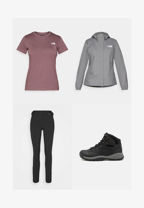 Grå vandtæt jakke med hætte, udstyret med elastiske manchetter, lynlåslommer på siden og et hvidt logo på venstre bryst. Glat overflade.; Kortærmet T-shirt med rund hals i dæmpet mauve farve, lavet af blødt stof med et lille hvidt logo på venstre bryst. Glat tekstur.; Sorte, tætsiddende bukser lavet af et fleksibelt materiale. Funktioner inkluderer en lynlåslomme i siden, artikulerede knæ og en glat tekstur.; Sort vandrestøvle med en mellem-højde design, der har en tekstureret overdel, grå detaljer og en holdbar gummisål med skridsikre klodser.