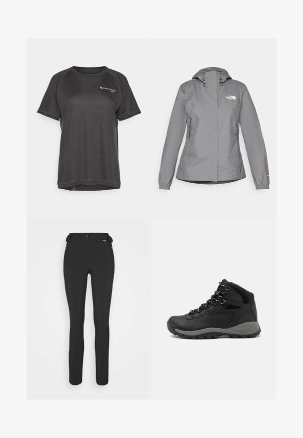 Hallhalli halljak, millel on kapuuts, elastsed mansetid, lukuga küljetaskud ja valge logo vasakul rinnal. Sile tekstuur.; Lühikeste varrukatega sportlik särk tumehallis, millel on tekstuuriga kangas, raglan varrukad ja väike logo ees vasakul küljel.; Mustad, hästi istuvad püksid, mis on valmistatud paindlikust materjalist. Omadusteks on lukuga küljetasku, artikeeritud põlved ja sile pind.; Mustarjaline matkasaabas, millel on keskmine disain, tekstuuriga ülemine osa, hallid aktsendid ja vastupidav kummist põhi, millel on haardelugesid.