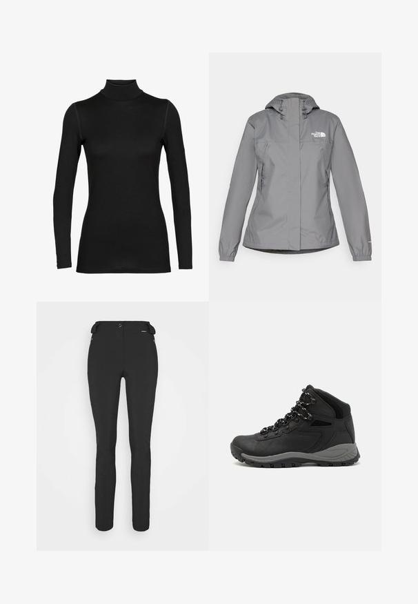 Šedá voděodolná bunda s kapucí, vybavená elastickými manžetami, bočními kapsami na zip a bílým logem na levé hrudi. Hladká textura.; Černý svetr s dlouhým rukávem a vysokým límcem vyrobený z hladkého, elastického materiálu. Má přiléhavý střih bez švů na ramenou a vysoký límec.; Černé, přiléhavé kalhoty vyrobené z pružného materiálu. Mezi funkce patří boční kapsa na zip, anatomické kolena a hladký povrch.; Černé turistické boty s mírně vyšším střihem, které mají texturovaný svršek, šedé detaily a odolnou gumovou podrážku s trakčními výstupky.