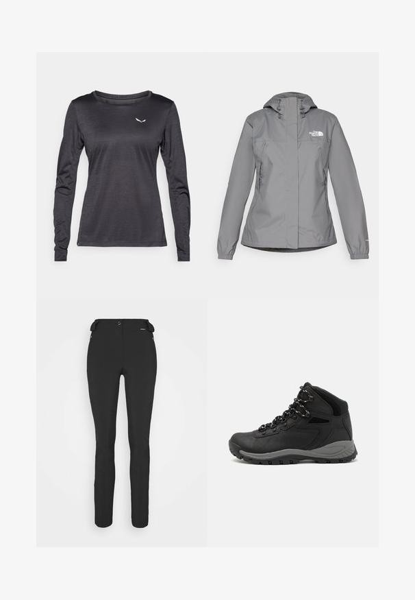Szara wodoodporna kurtka z kapturem, z elastycznymi mankietami, zamykanymi kieszeniami bocznymi oraz białym logo na lewej piersi. Gładka tekstura.; Koszulka sportowa z długim rękawem wykonana z lekkiego, strukturalnego materiału w ciemnoszarym kolorze, z małym białym logo na lewej kieszeni.; Czarne, dopasowane spodnie wykonane z elastycznego materiału. Cechy to kieszeń boczna na zamek, strefowe kolana oraz gładka faktura.; Czarne buty trekkingowe z średnim cholewem, z teksturowaną cholewą, szarymi akcentami oraz trwałą gumową podeszwą z wypustkami zapewniającymi przyczepność.
