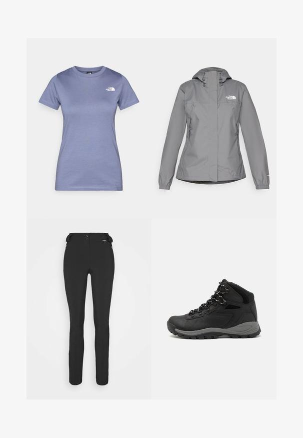 Gray waterproof jacket with a hood, featuring elastic cuffs, zippered side pockets, and a white logo on the left chest. Smooth texture.; Light purple short-sleeve t-shirt made of cotton, featuring a round neckline and a small white logo on the chest. Smooth texture.; Black, fitted pants made from a flexible material. Features include a zippered side pocket, articulated knees, and a smooth texture.; Black hiking boot with a mid-top design, featuring a textured upper, gray accents, and durable rubber sole with traction lugs.