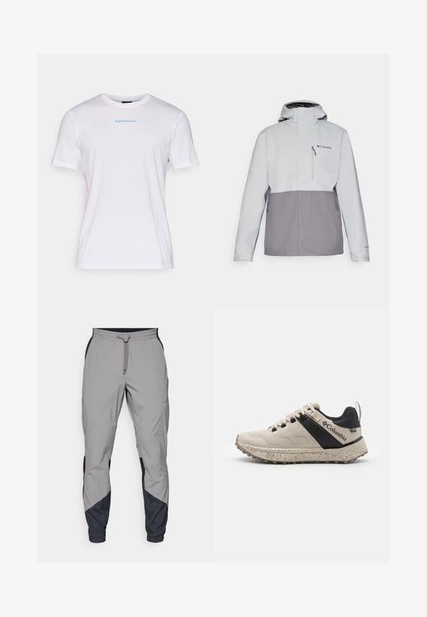 Heled hall ja tumehall veekindel jakk, millel on tõmblukuga rinna tasku, reguleeritav kapuuts ja elastsed mansetid. Ees on logo.; Valge puuvillane T-särk ümmarguse kaeluse ja lühikeste varrukatega. Ees on sinine "Peak Performance" tekst, millel on sile tekstuur.; Kergedatud hallid sportlikud püksid mustade aktsentidega. Elastne vöökoht, stringiga sulgemine, kitsenev jala disain ja küljetaskud.; Columbia sneakers beežides ja mustades toonides, tekstuurse võrgumaterjaliga pealispind, täppidega vaheosa ja vastupidav kummist välistald, mis tagab haarde.