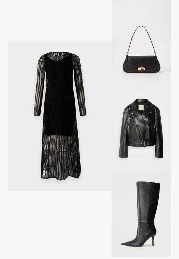 Calvin Klein Jeans MOTO JACKET BELT - Kunstlederjacke - black beauty; Schwarzes Langarmkleid aus Netzstoff mit einem perforierten Design. Es hat einen runden Ausschnitt und eine gerade Silhouette.; Schwarze Lederstiefel bis zum Knie mit spitzem Zehenbereich und schlankem Stiletto-Absatz, glatte Textur, Seitenansicht auf neutralem Hintergrund.; Schwarze Lederhandtasche mit geschwungenem Design, Beschlägen in Goldfarbe und einem oberen Griff. Verfügt über einen eleganten Verschluss und eine glatte Textur.