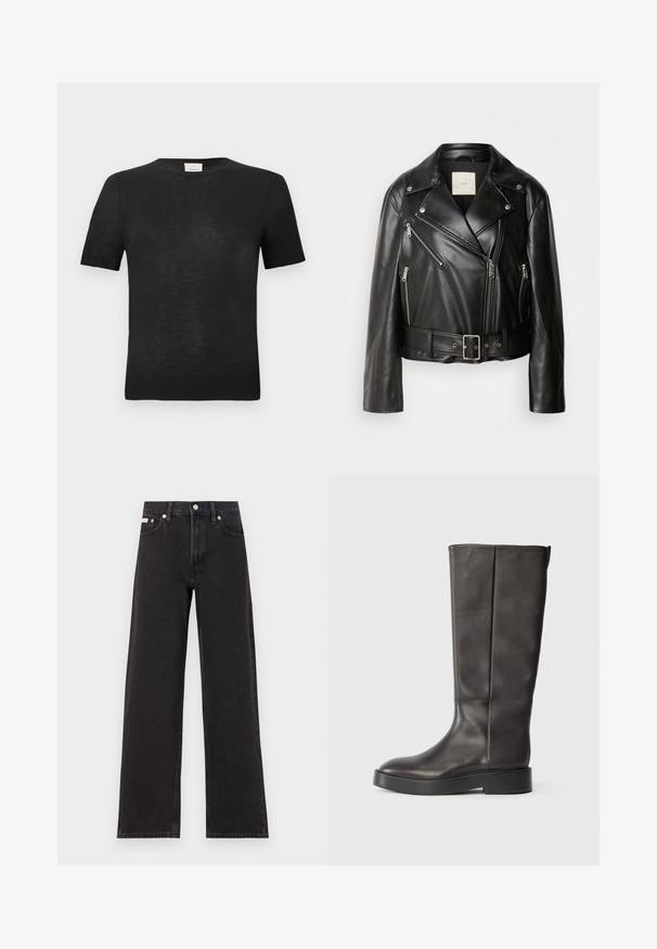 Calvin Klein Jeans MOTO JACKET BELT - Μπουφάν από συνθετικό δέρμα - black beauty; Μαύρη κοντομάνικη μπλούζα φτιαγμένη από ελαφρύ, υφασμάτινο υλικό. Στρογγυλή λαιμόκοψη με διακριτική ριγωτή επένδυση στα μανίκια και στο τελείωμα.; Μαύρο τζιν παντελόνι φαρδιάς γραμμής από τζιν, με ψηλή μέση, πέντε τσέπες και κούμπωμα με μεταλλικό κουμπί, καθώς και αντίθετη ραφή.; Μαύρη δερμάτινη μπότες μέχρι το γόνατο με παχιά σόλα και διακριτό λογότυπο Calvin Klein κοντά στην κορυφή, εμφανιζόμενη από το πλάι.