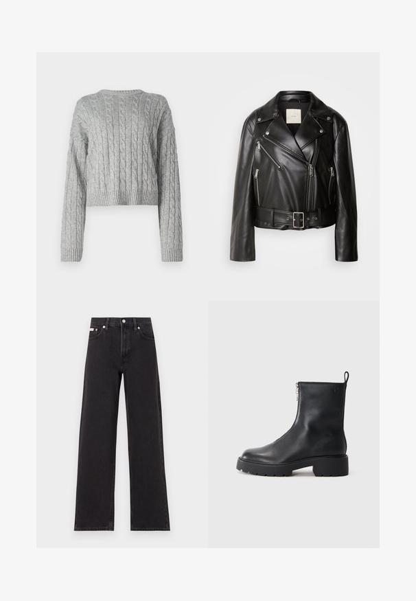 Calvin Klein Jeans MOTO JACKET BELT - Kunstlederjacke - black beauty; Grauer, kurzer Pullover mit einem Zopfmuster, Rundhalsausschnitt und gerippten Bündchen und Saum. Hergestellt aus weichem, strukturiertem Strickmaterial.; Schwarze weit geschnittene Jeans aus Denim mit einem hoch sitzenden Bund, fünf Taschen und einem Metallknopfverschluss mit kontrastierendem Nähte.; Schwarze Leder-Ankle-Boots mit seitlichem Reißverschluss, abgerundeter Zehenpartie und einer klobigen, strukturierten Sohle. Subtile Markenkennzeichnung an der Seite.