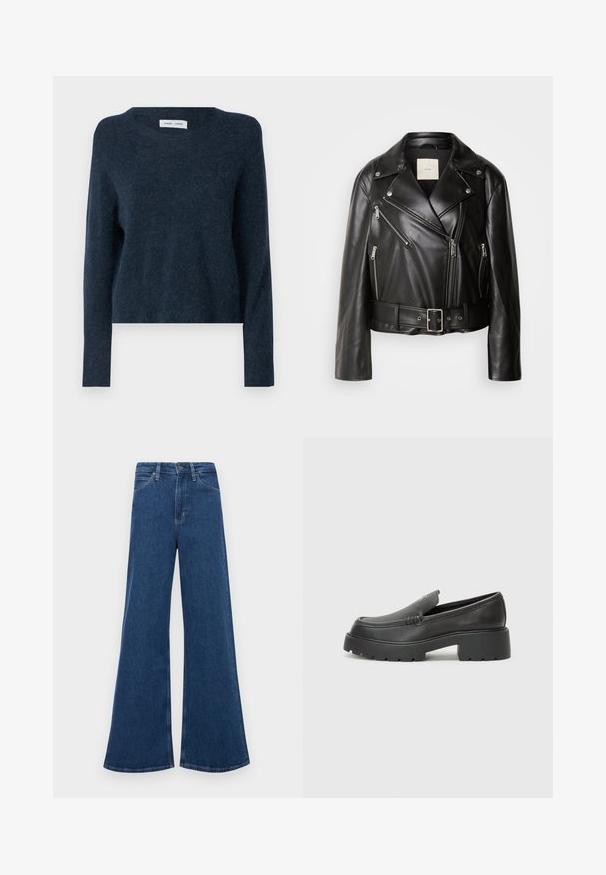 Calvin Klein Jeans MOTO JACKET BELT - Giacca in similpelle - black beauty; Maglione blu navy, realizzato in materiale morbido, presenta un collo rotondo, maniche lunghe e una vestibilità rilassata con una trama minimale.; Jeans in denim blu a zampa d'elefante con vita alta, dotati di cinque tasche, chiusura con bottone e cuciture a contrasto sulle cuciture.; Mocassini in pelle nera con punta arrotondata, suola spessa e testurizzata, e minime cuciture. Design elegante senza lacci o parti metalliche visibili.