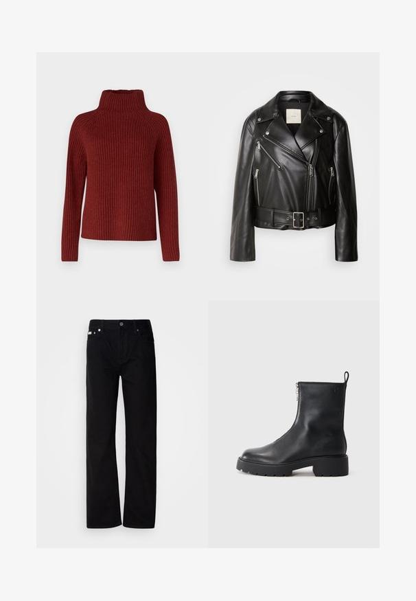 Calvin Klein Jeans MOTO JACKET BELT - Giacca in similpelle - black beauty; DRYKORN ARWEN - Maglione - red; Pantaloni in denim nero a gamba dritta con cinque tasche, rivetti argentati e chiusura con bottone. Il tessuto ha una finitura liscia e leggermente testurizzata.; Stivale alla caviglia in pelle nera con zip laterale, punta arrotondata e suola chunky e testurizzata. Branding sottile sul lato.