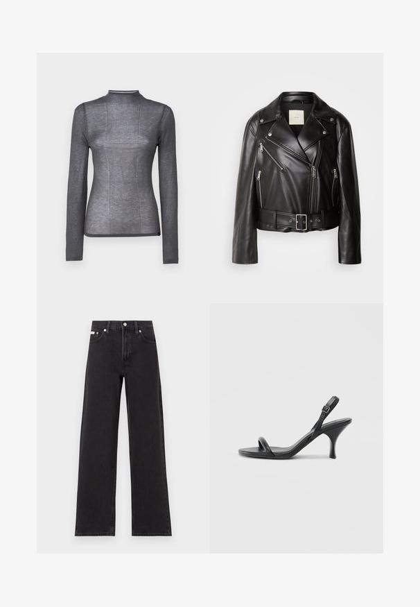 Calvin Klein Jeans MOTO JACKET BELT - Kunstlederjacke - black beauty; Langärmliges, hochgeschlossenes Oberteil in Dunkelgrau. Hergestellt aus einem weichen, dehnbaren Stoff mit gerippter Textur und tailliertem Schnitt. Keine sichtbaren Hardware-Elemente oder Akzente.; Schwarze weit geschnittene Jeans aus Denim mit einem hoch sitzenden Bund, fünf Taschen und einem Metallknopfverschluss mit kontrastierendem Nähte.; Schwarze Leder-Sandalen mit hohen Absätzen, schlankem, gebogenem Absatz und gekreuztem Riemendesign. Verstellbarer Knöchelriemen. Glatte Textur.