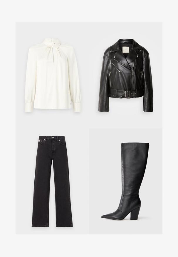 Calvin Klein Jeans MOTO JACKET BELT - Műbőr dzseki - black beauty; Hosszú ujjú, magas nyakú blúz krém színben, sima anyagból készült. A nyakrészen összegyűrt részlet és puffos ujjak jellemzik.; Fekete, bőszárú farmernadrág, magas derekú, öt zsebes kialakítással és fém gombos záródással, kontrasztos varrással.; Fekete, térd fölé érő bőr boka csizma hegyes orral és vastag, magas sarokkal, bal oldalról profilból bemutatva fehér háttér előtt.