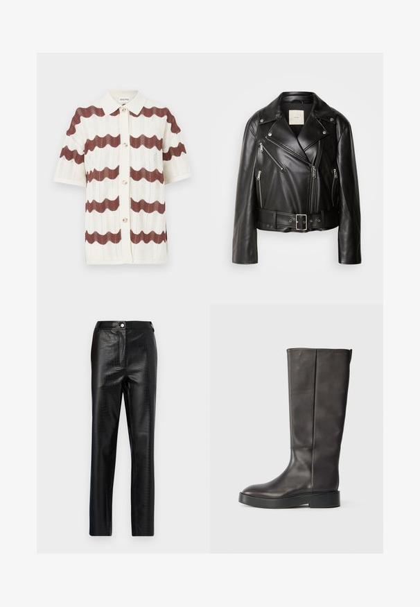 Calvin Klein Jeans MOTO JACKET BELT - Jacka i konstläder - black beauty; Stickad kortärmad cardigan med ett vågigt mönster i mörkbrunt och krämfärgat, med krage och knäppning framtill. Texturerad tyg.; Svart fusk-läderbyxor med krokodilmönster, slim fit, rak ben-design, med knappstängning fram och standard midjeband.; Svart knäskohöga läderstövel med tjock sula och diskret Calvin Klein-logotyp nära toppkanten, visad från sidan.