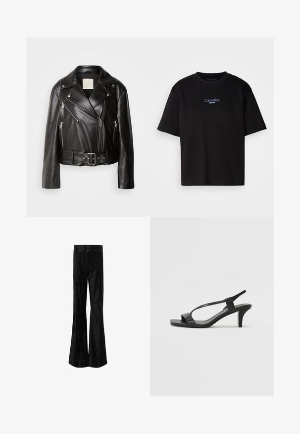 Calvin Klein Jeans MOTO JACKET BELT - Jacka i konstläder - black beauty; Svart bomulls T-shirt med rund nacke, korta ärmar och blå broderad "Calvin Klein JEANS" logotyp på framsidan.; Svarta utsvängda byxor med vertikala vita ränder, tillverkade av ett mjukt tyg med en slät struktur. Har två knappar i midjan.; Svarta klacksandaler med en smal remdesign, fyrkantig tå och en blockklack i medelhöjd. Tillverkade av slätt läder med en matt yta.