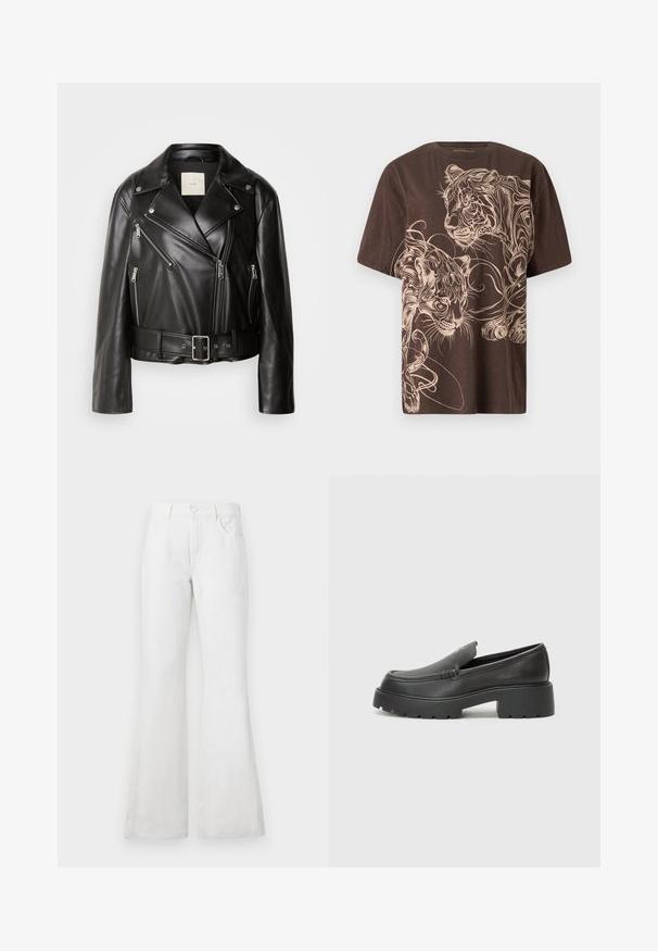 Calvin Klein Jeans MOTO JACKET BELT - Jakna od umjetne kože - black beauty; Smeđa majica s detaljnim grafičkim dizajnom tigra u krem boji. Kratki rukavi, okrugli izrez i mekana, teksturirana tkanina.; Bijele traperice širokog kroja s visokim strukom, koje imaju prednje džepove, petlje za remen i klasično kopčanje na dugme. Glatka tekstura, ležeran dizajn.; Crne kožne loaferice s zaobljenim vrhom, debelim teksturiranim potplatom i minimalnim detaljima šivanja. Elegantna izrada bez vidljivih vezica ili metalnih elemenata.