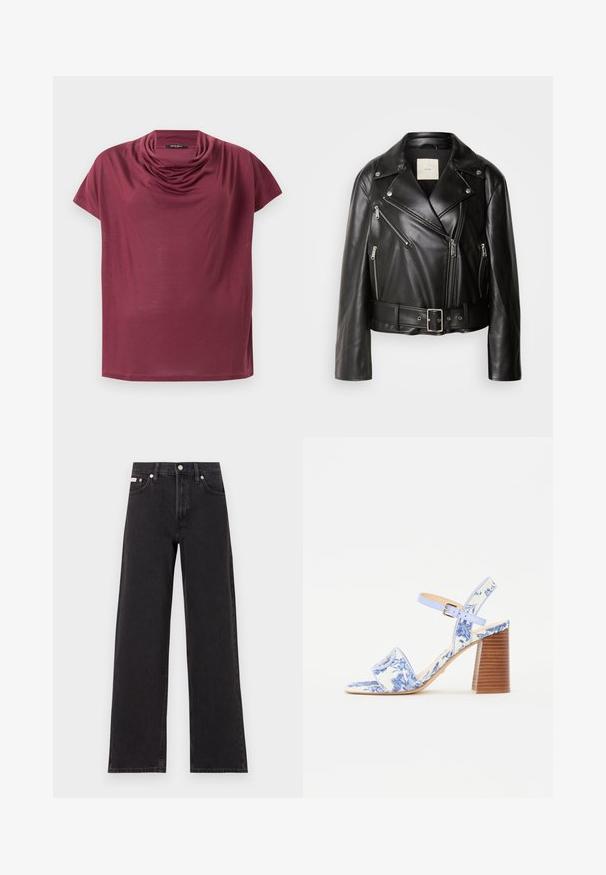 Calvin Klein Jeans MOTO JACKET BELT - Imiteret læderjakke - black beauty; Kortærmet maroon skjorte med en draperet halshals, vist fladt på en hvid baggrund.; Sorte vidde jeans lavet af denim, med høj talje, fem-lomme stil og en metalknap lukning med kontrasterende syninger.; Blå blomstrede sandaler med firkantet tå, bred rem og justerbar ankelrem, med en tekstureret træblokhæl.