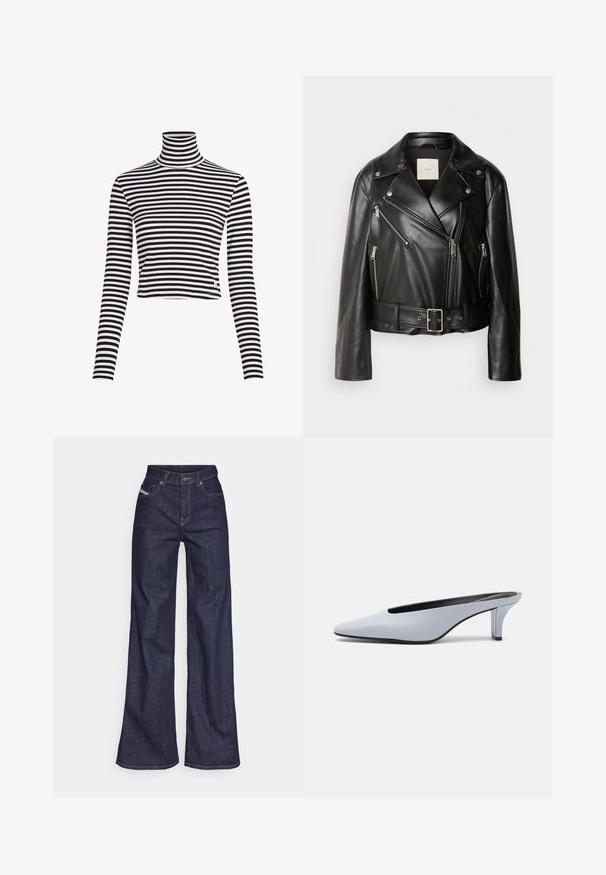 Calvin Klein Jeans MOTO JACKET BELT - Giacca in similpelle - black beauty; Maglione a collo alto a righe bianche e nere con maniche lunghe e design cropped, realizzato in un materiale a costine. Presenta un piccolo logo del marchio sull'orlo.; Jeans a gamba larga di denim blu scuro con vita alta, caratterizzati da cuciture arancioni, design a cinque tasche e chiusura con bottone.; Mule in pelle lucida blu chiaro con punta affusolata, tacco trasparente basso e design elegante caratterizzato da un'apertura sulla parte superiore.