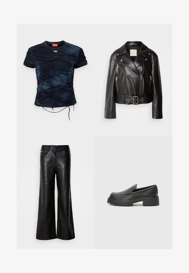 Calvin Klein Jeans MOTO JACKET BELT - Kunstnahast jakk - black beauty; Diesel Trükipildiga T-särk - black; Mustad nahast laiad püksid sileda tekstuuriga, ees nupuga kinnitatud, kahe küljetasku ja minimaalsete õmblusdetailidega.; Mustad nahast loafers ümarate varvastega, paksu tekstuuriga tald ja minimaalsete õmbluse detailidega. Viimistletud disain, kus pole nähtavaid paelu ega riistu.
