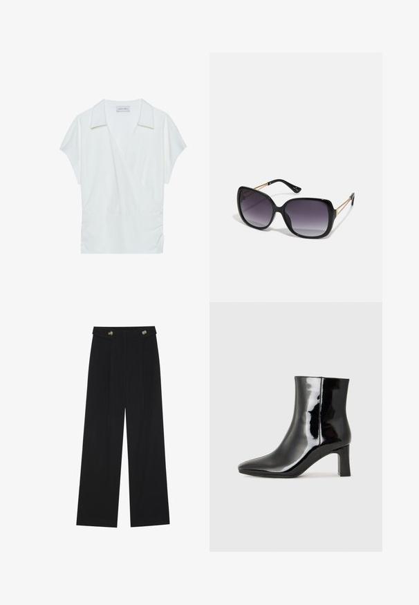 Calvin Klein Jeans MOTO JACKET BELT - Giacca in similpelle - black beauty; Blusa avvolgente con colletto bianco realizzata in tessuto morbido, caratterizzata da maniche corte e dettagli arricciati in vita per un fit rilassato.; Pantaloni neri a gamba larga con vita alta, dettagli con bottoni in vita e pieghe frontali.; Stivaletto in pelle verniciata nera con punta a punta e tacco a blocco di altezza media. Texture liscia e design minimalista.; Occhiali da sole neri oversize con lenti sfumate, montatura spessa e dettagli in catena dorata sulle astine.