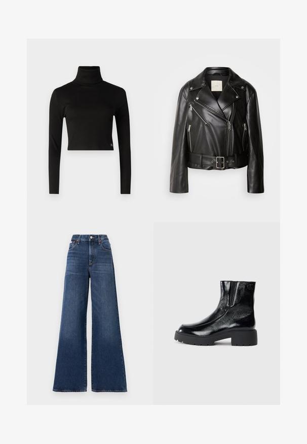 Calvin Klein Jeans MOTO JACKET BELT - Faux leather jacket - black beauty; Black, ribbed turtleneck top with long sleeves and a cropped hem; features a small logo tag at the bottom left. Smooth texture.; High-waisted, wide-leg jeans made of dark blue denim, featuring a button closure, five pockets, and subtle fading on the thighs.; Black ankle boots with a glossy patent leather finish, chunky black rubber sole, and raised heel; includes subtle logo detail on the side.