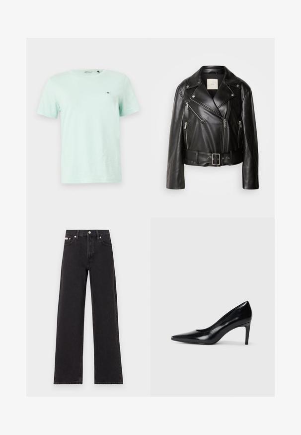 Calvin Klein Jeans MOTO JACKET BELT - Faux leather jacket - black beauty; Mint green cotton t-shirt with short sleeves, crew neck, and small embroidered logo on the left chest area. Smooth texture and relaxed fit.; Black wide-leg jeans made of denim, featuring a high-rise waist, five-pocket styling, and a metal button closure with contrasting stitching.; Black leather high heel shoe with a pointed toe, smooth texture, and a tapered heel. Minimalist design, no additional embellishments.