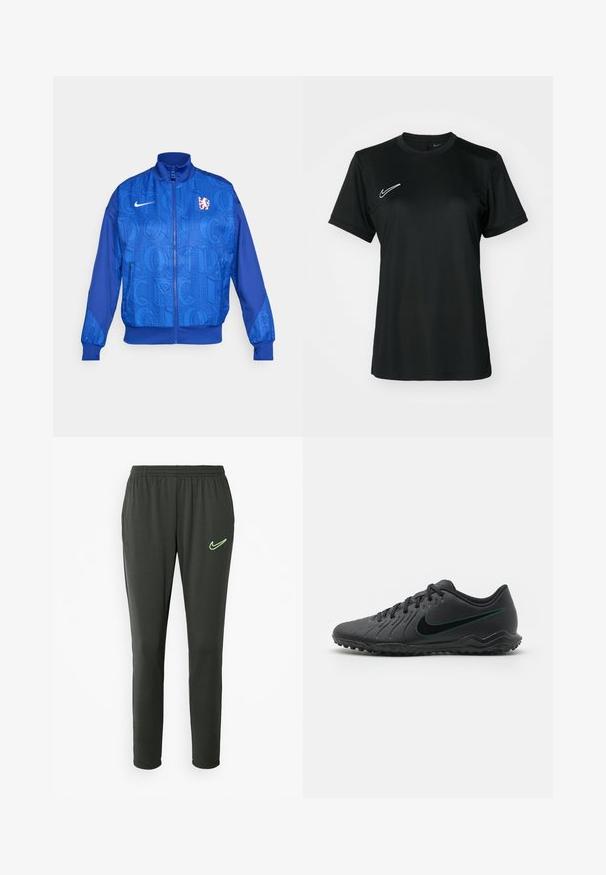 Blaues Zip-Jacke mit strukturiertem Muster, das "LONDON" und "CFC" zeigt, Nike-Logo, hoher Kragen und elastische Bündchen.; Schwarzes, kurzärmeliges Sportshirt mit Rundhalsausschnitt. Verfügt über ein weißes Nike-Logo auf der oberen linken Seite. Glattes, leichtes Material.; Nike Jogginghose in Dunkelgrau, mit einem elastischen Bund, schmal zulaufenden Beinen und einem neon-grünen Logo-Akzent an der linken Oberschenkelseite.; Schwarzer Fußballschuh mit strukturiertem Synthetic-Obermaterial, geschwungener Form, schwarzer Laufsohle und tealfarbenem Nike-Logo an der Seite. Mit Schnürverschluss.