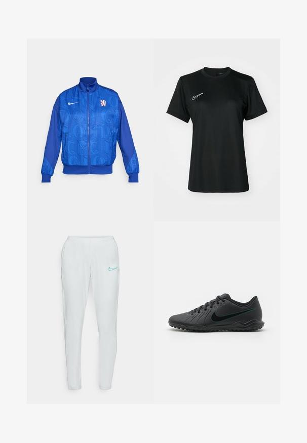 Blaues Zip-Jacke mit strukturiertem Muster, das "LONDON" und "CFC" zeigt, Nike-Logo, hoher Kragen und elastische Bündchen.; Schwarzes, kurzärmeliges Sportshirt mit Rundhalsausschnitt. Verfügt über ein weißes Nike-Logo auf der oberen linken Seite. Glattes, leichtes Material.; Hellgraue Sporthosen mit schmalem Schnitt, elastischem Bund und aquablauem Nike-Logo auf dem linken Oberschenkel. Glattes, dehnbares Material.; Schwarzer Fußballschuh mit strukturiertem Synthetic-Obermaterial, geschwungener Form, schwarzer Laufsohle und tealfarbenem Nike-Logo an der Seite. Mit Schnürverschluss.