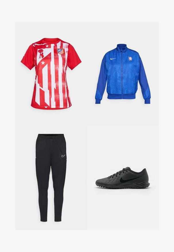 Giacca blu con zip, dotata di un motivo testurizzato che presenta "LONDRA" e "CFC", logo Nike, colletto alto e polsini elasticizzati.; Maglietta rossa a maniche corte con un design a strisce bianche e stelle, con un emblema del club sul lato sinistro del petto, realizzata in tessuto leggero.; Pantaloni sportivi neri realizzati con un tessuto leggero, caratterizzati da una vita elastica, un design aderente e un logo Nike bianco sulla coscia.; Scarpa da calcio nera con tomaia sintetica testurizzata, design curvo, suola nera e logo Nike teal sul lato. Chiusura con lacci.
