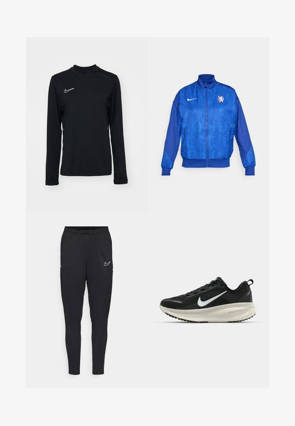 Mėlyna zip-up striukė su tekstūruotu raštu, ant kurios yra "LONDON" ir "CFC", Nike logotipas, aukšta apykaklė ir elastingi rankogaliai.; Juoda ilgomis rankovėmis sportinė marškinė, pagaminti iš lygaus audinio, su apvaliu iškirpimu ir mažuoju baltu Nike logotipu viršutiniame kairiajame kampe.; Juodi sportiniai kelnių modeliai, pagaminti iš lengvos medžiagos, su elastingu juosmeniu, prigludusia forma ir balta Nike logotipu šlaunyje.; Juodas Nike sportinis batelis su kvėpuojančiu tinklu, baltu swoosh logotipu, tekstūruoto dizaino detalėmis ir grietinėlės spalvos ZoomX viduriu.