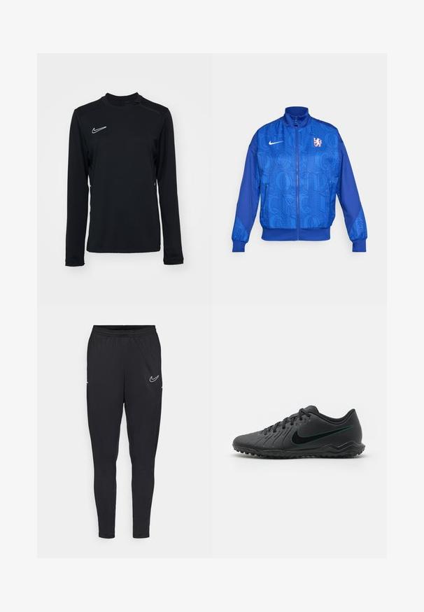 Chaqueta azul con cremallera y patrón texturizado que presenta "LONDRES" y "CFC", logo de Nike, cuello alto y puños elásticos.; Camisa deportiva negra de manga larga hecha de tela suave, con un cuello redondo y un pequeño logo blanco de Nike en la parte superior izquierda.; Pantalones deportivos negros hechos de tejido ligero, con cinturilla elástica, diseño ajustado y un logo blanco de Nike en el muslo.; Botas de fútbol negras con parte superior sintética texturizada, diseño curvado, suela negra y logotipo de Nike en color azul verdoso en el costado. Cierre con cordones.