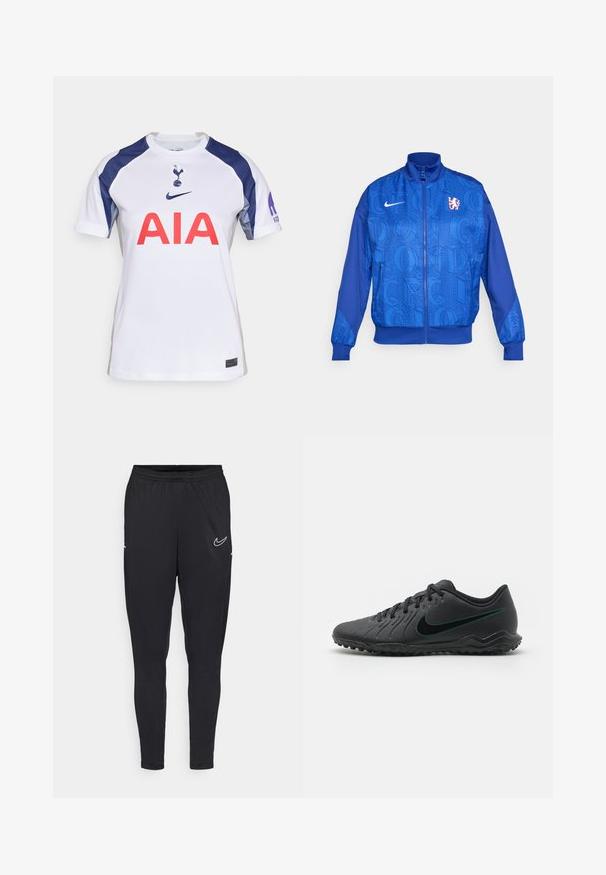 Giacca blu con zip, dotata di un motivo testurizzato che presenta "LONDRA" e "CFC", logo Nike, colletto alto e polsini elasticizzati.; Maglia da football bianca a maniche corte con accenti blu navy, caratterizzata da un collo rotondo, grande logo rosso "AIA" e stemma della squadra sul petto.; Pantaloni sportivi neri realizzati con un tessuto leggero, caratterizzati da una vita elastica, un design aderente e un logo Nike bianco sulla coscia.; Scarpa da calcio nera con tomaia sintetica testurizzata, design curvo, suola nera e logo Nike teal sul lato. Chiusura con lacci.