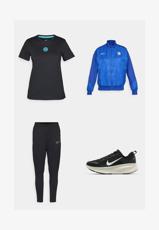 Blue zip-up jacket with textured pattern featuring "LONDON" and "CFC," Nike logo, high collar, and elastic cuffs.; Black short-sleeve t-shirt made of soft material, featuring a round neckline and a light blue embroidered logo on the chest.; Black athletic pants made of lightweight fabric, featuring an elastic waistband, fitted design, and a white Nike logo on the thigh.; Black Nike running shoe with breathable mesh upper, white swoosh logo, textured detailing, and a cream-colored ZoomX midsole.