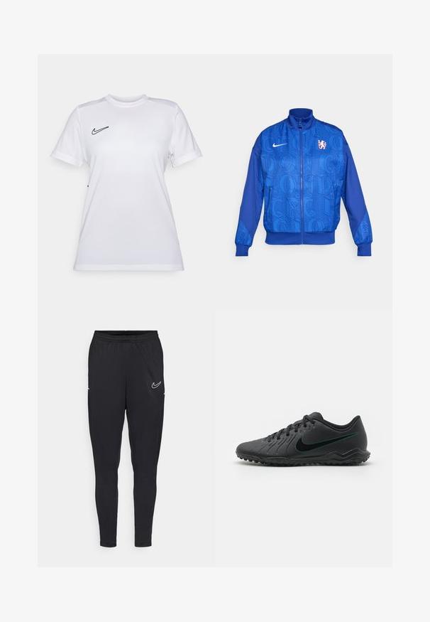 Sininen vetoketjullinen takki, jossa on teksturoitu kuvio. Takissa lukee "LONDON" ja "CFC", sekä Nike-logo. Takissa on korkea kaulus ja joustavat hihansuut.; Valkoinen Nike T-paita, jossa on slim fit -malli, crew-neck kaulus, lyhyet hihat ja musta logo vasemmassa rintapielessä; valmistettu kevyestä ja hengittävästä materiaalista.; Mustat urheiluhaut, jotka on valmistettu kevyestä kankaasta, featuring joustava vyötärönauha, istuva malli ja valkoinen Nike-logo reidessä.; Musta jalkapallokengät, joissa on teksturoitu synteettinen päällinen, kaareva muotoilu, musta pito-osa ja teallogo Nike-logolla sivussa. Nauhakiinnitys.