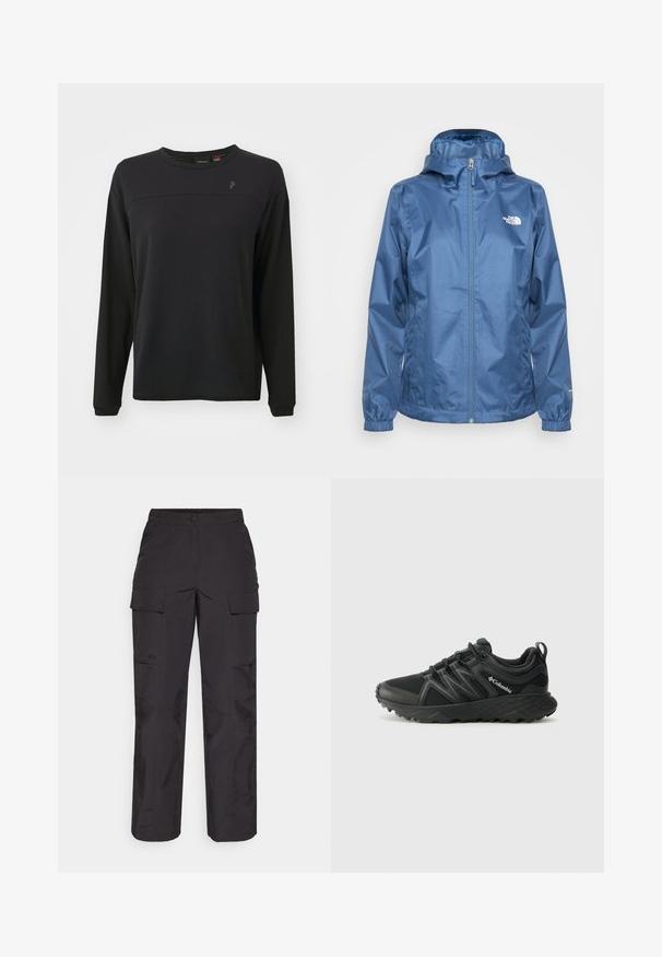 Giacca impermeabile blu con chiusura a zip, cappuccio regolabile, polsini elastici e logo sul petto. Tessuto liscio e design leggero.; Maglietta nera a maniche lunghe con tessuto testurizzato, collo rotondo e un logo discreto sul petto. Presenta una vestibilità rilassata e dettagli cuciti.; Pantaloni cargo neri realizzati in tessuto resistente, caratterizzati da molteplici tasche laterali, chiusura con bottone e vestibilità ampia con gambe dritte.; Columbia PEAKFREAK - Scarpa da hiking - black