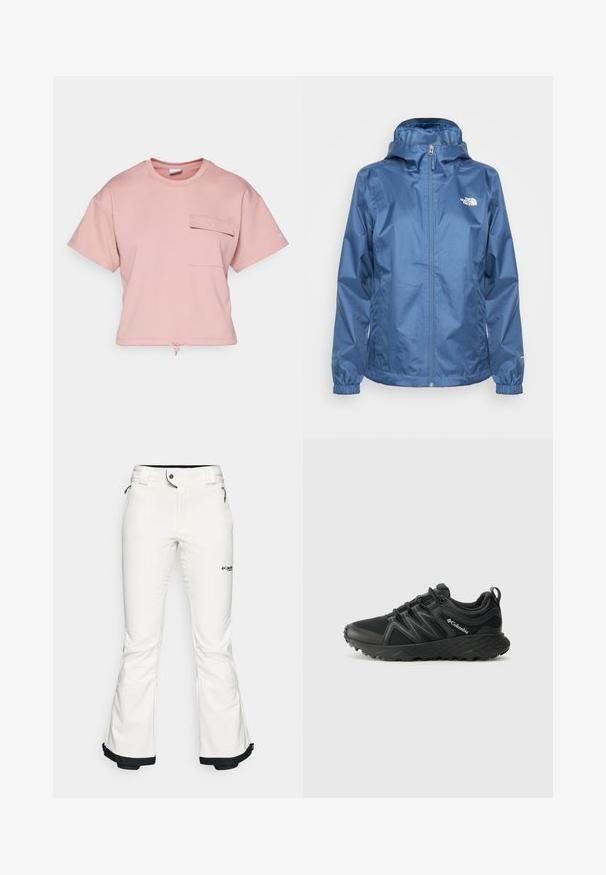 Modrá voděodolná bunda se zipovým zapínáním, nastavitelnou kapucí, elastickými manžetami a logem na hrudi. Hladká textura a lehký design.; Růžové zkrácené tričko vyrobené z měkké látky. Má krátké rukávy, přední kapsu s klopou a šňůrku na lemu pro nastavení.; Bílé lyžařské kalhoty vyrobené z měkkého, pružného materiálu. Mají dobře padnoucí pas, široké rozšířené nohavice a černé lemy na manžetách. Viditelné logo značky.; Columbia PEAKFREAK - Trekingové boty - black